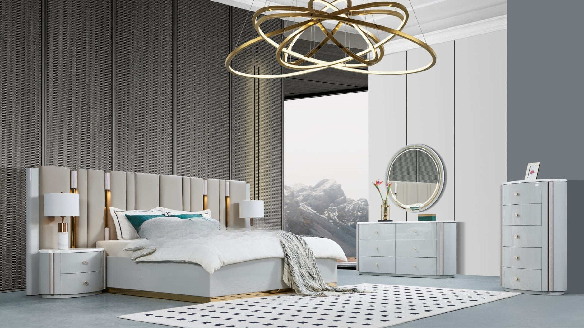 Modern bedroom with a large bed, nightstands, and a dresser.