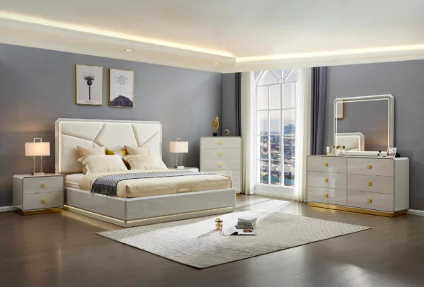 Modern bedroom with a large bed, nightstands, and dresser.