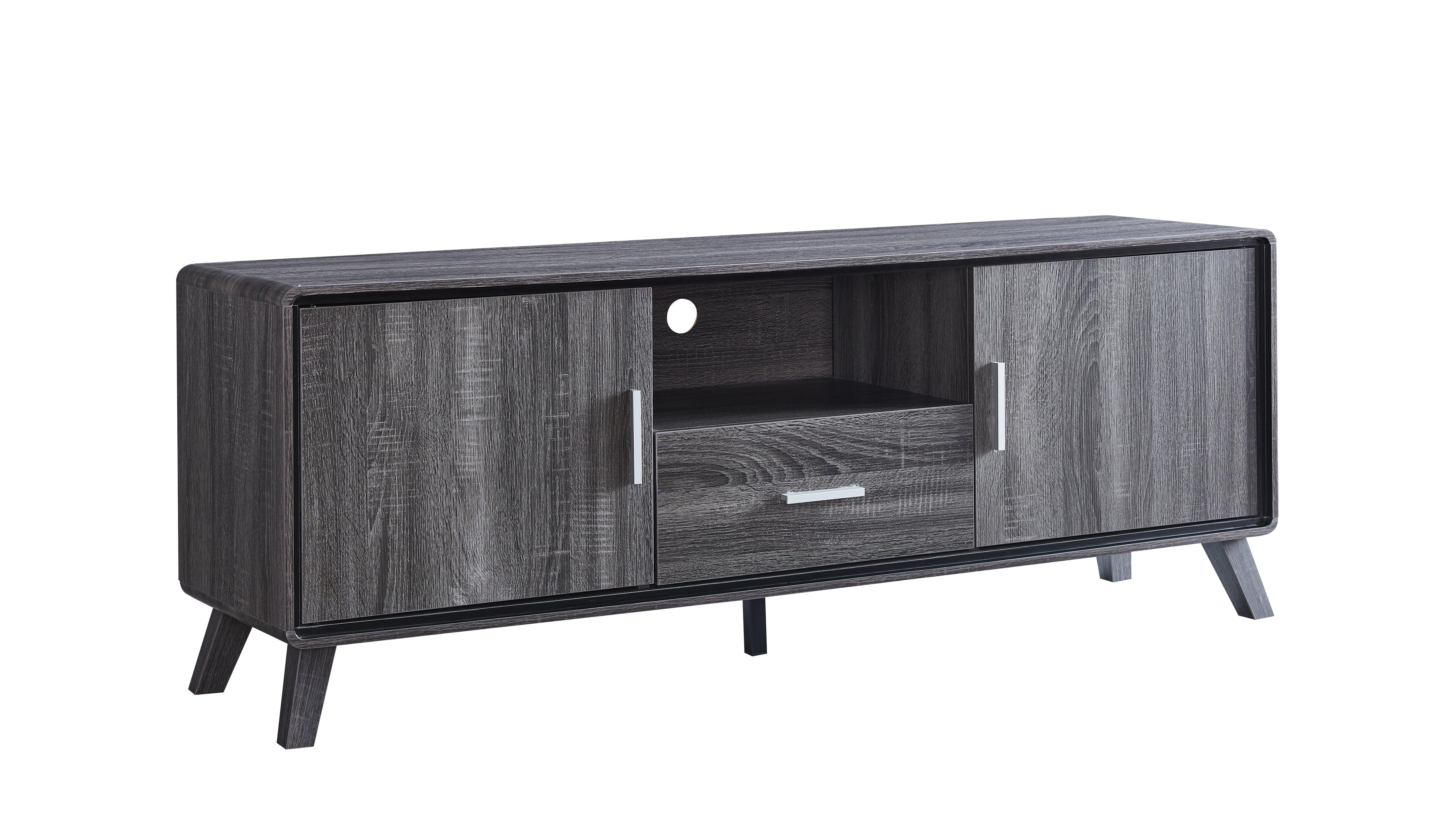 Wooden TV stand with a dark finish on a white background