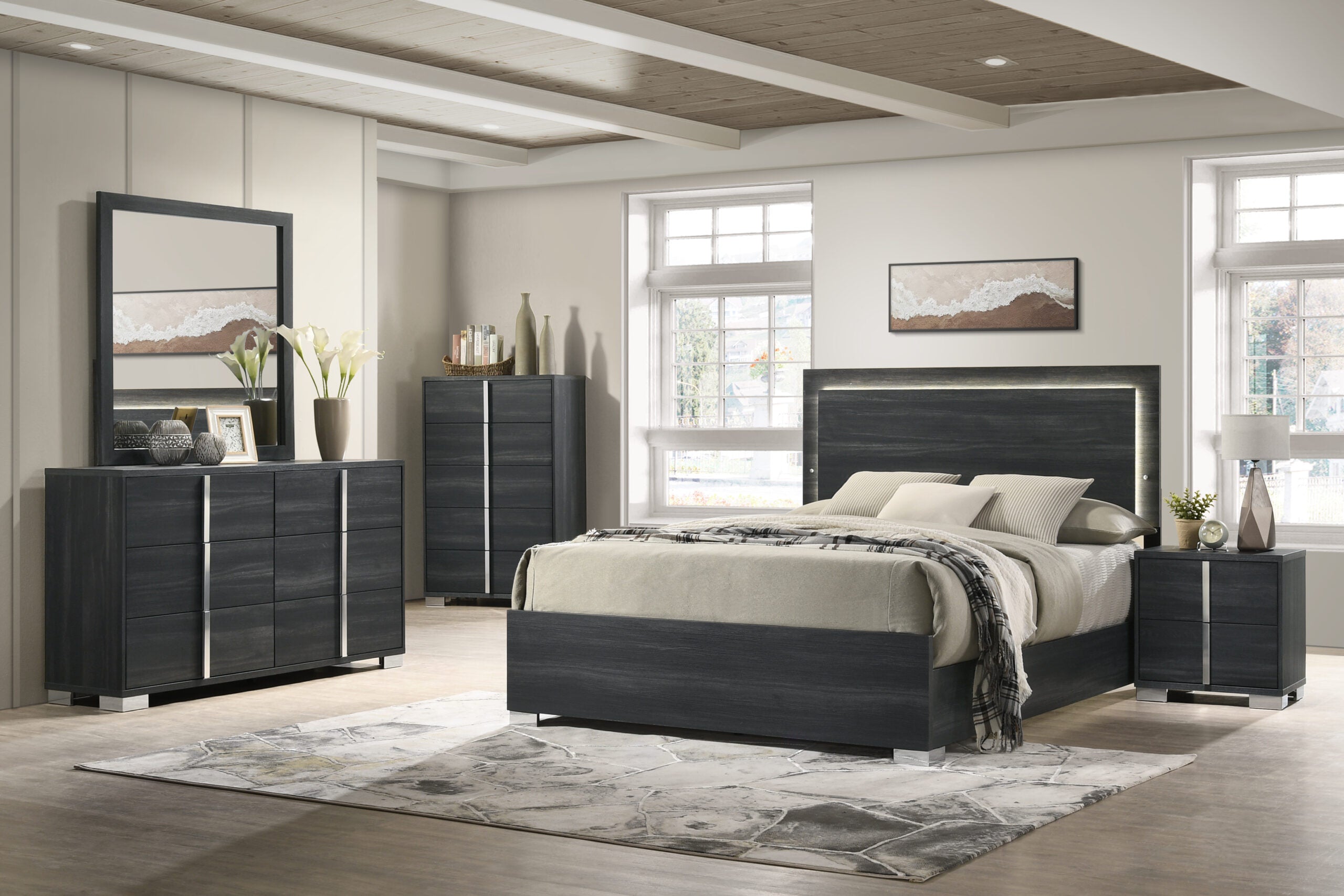 Modern bedroom with dark wood furniture including a bed, dresser, and nightstands.