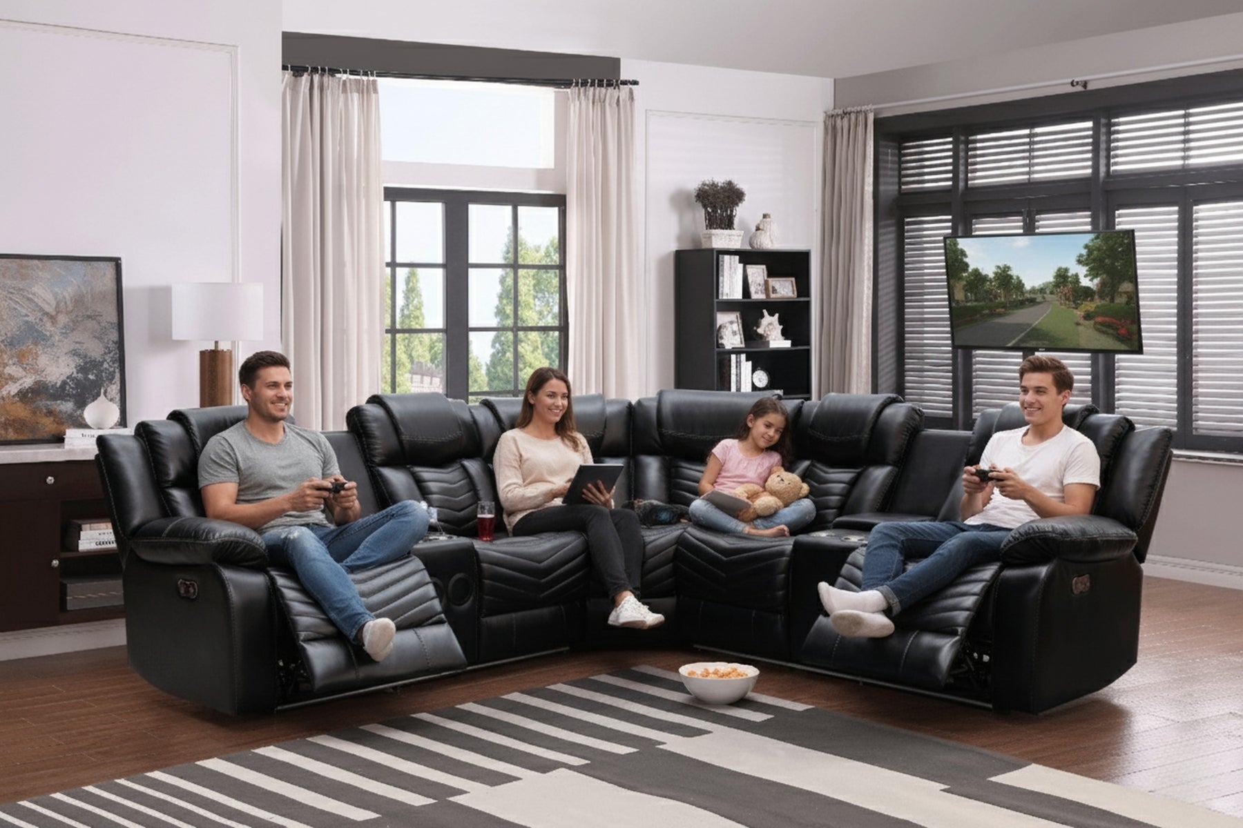 Rick Sectional Recliner Music Sofa - Black Air Leather - Royal Living Furniture