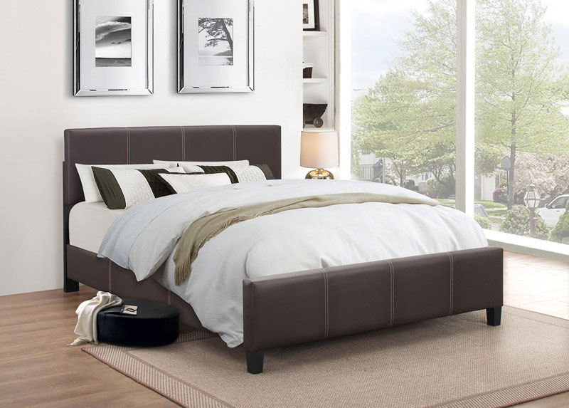 Bedroom with a brown upholstered bed, white bedding, and large windows.