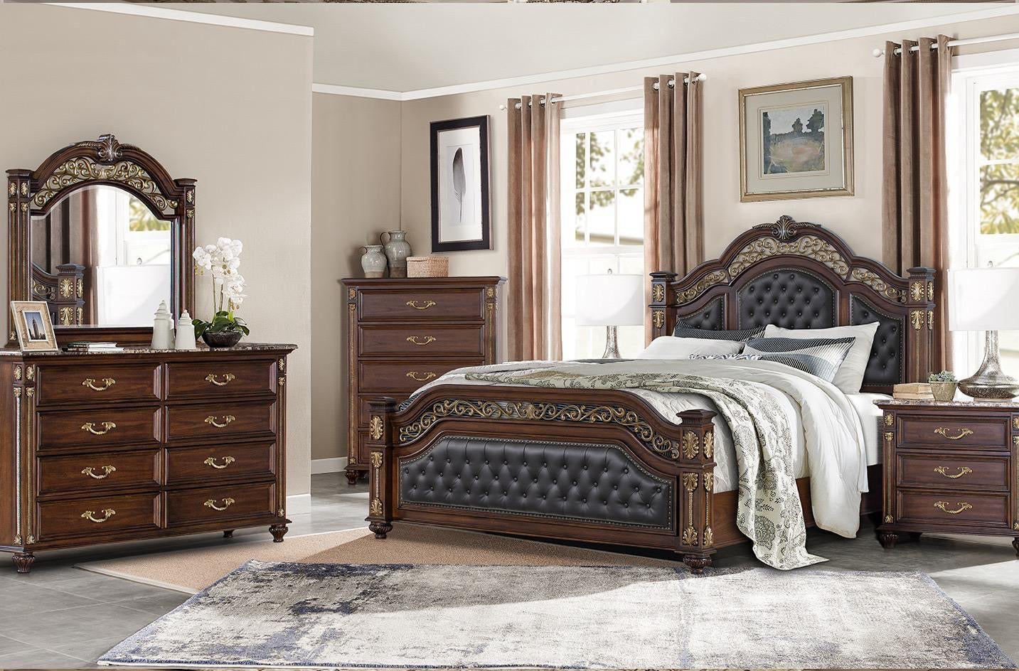 Luxurious bedroom set with dark wood furniture, including a bed, dressers, and mirror.