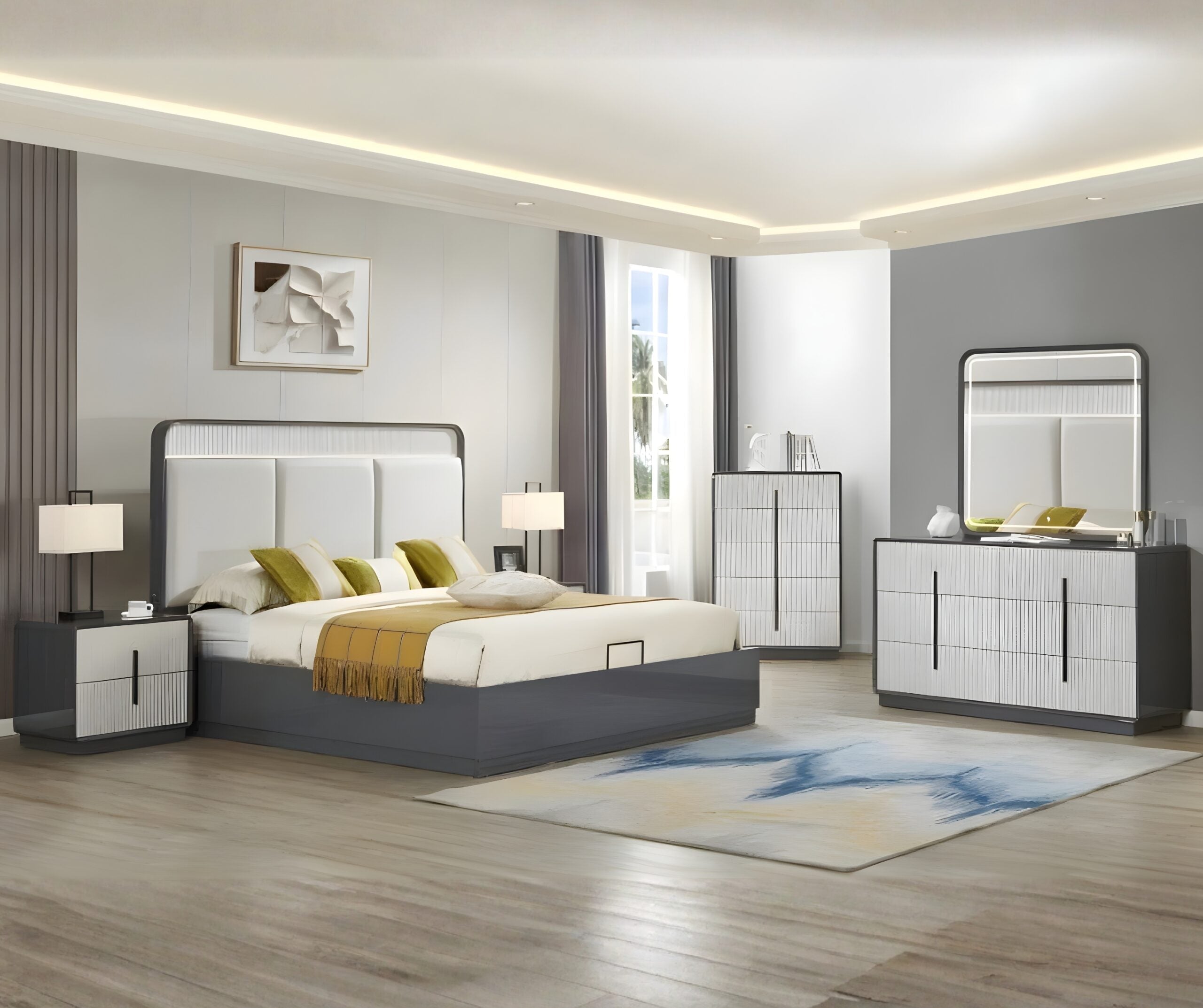 Modern bedroom with gray bed, nightstands, and dresser.