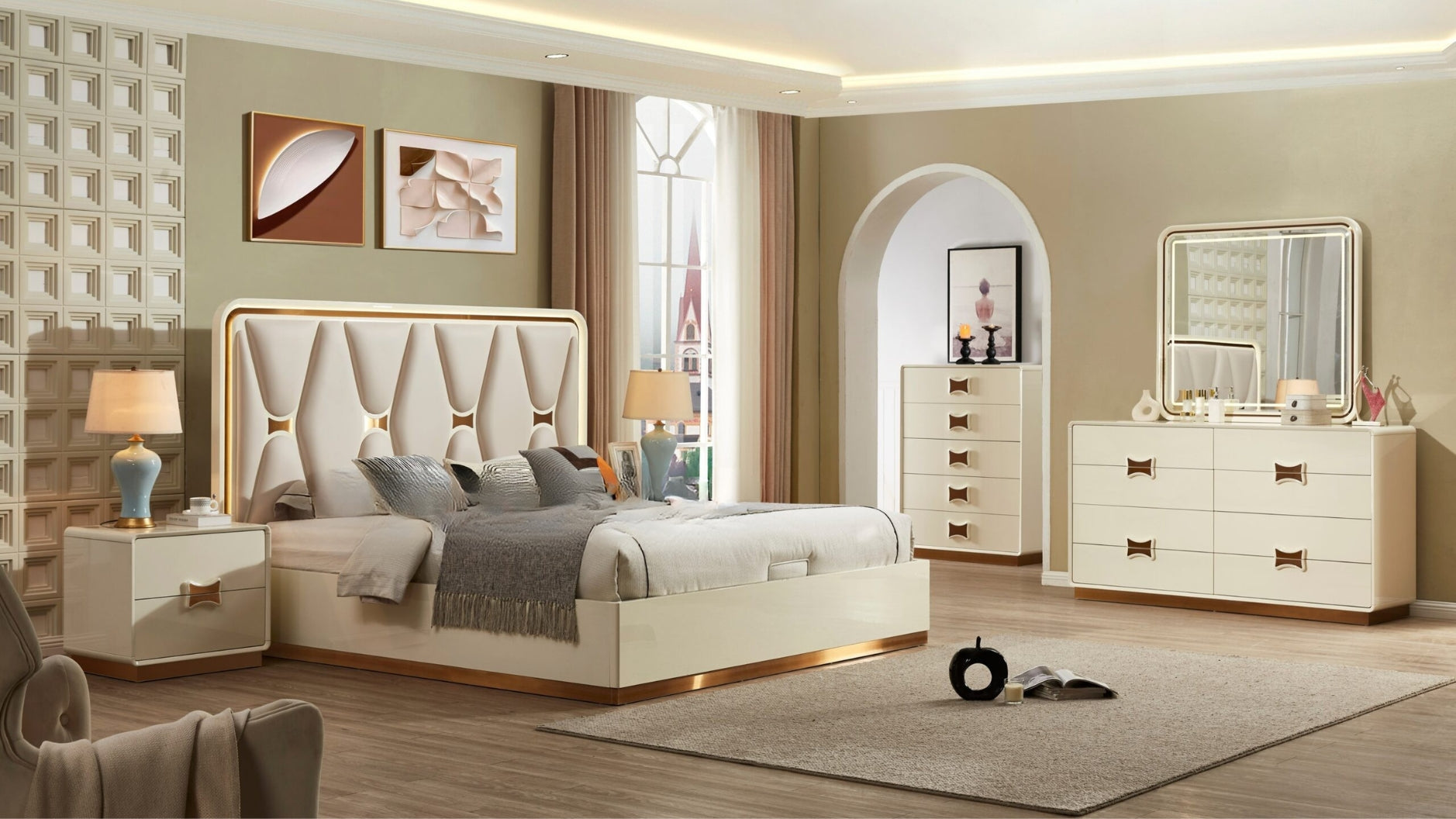 Modern bedroom with beige furniture set including bed, nightstands, and dresser.