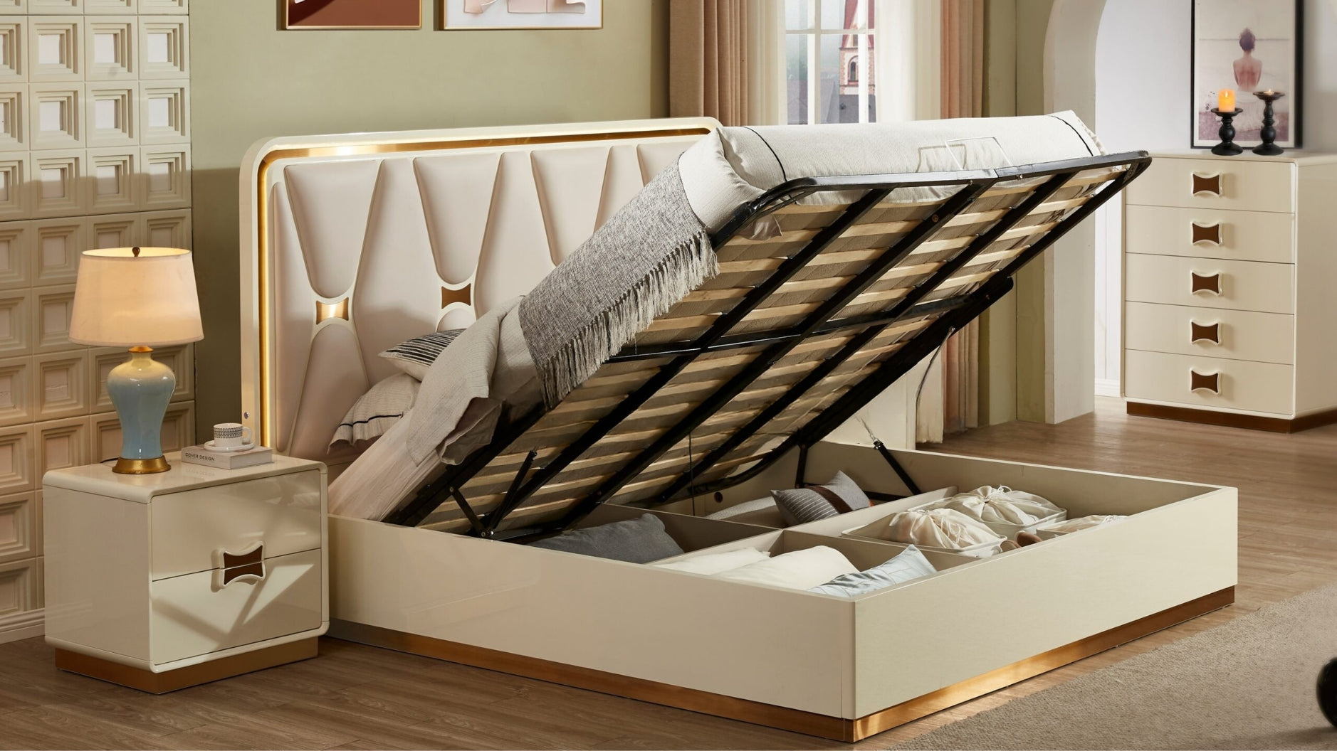 Beige upholstered bed with storage compartment in a bedroom setting