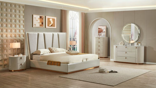 Modern bedroom with a bed, nightstands, and dresser.
