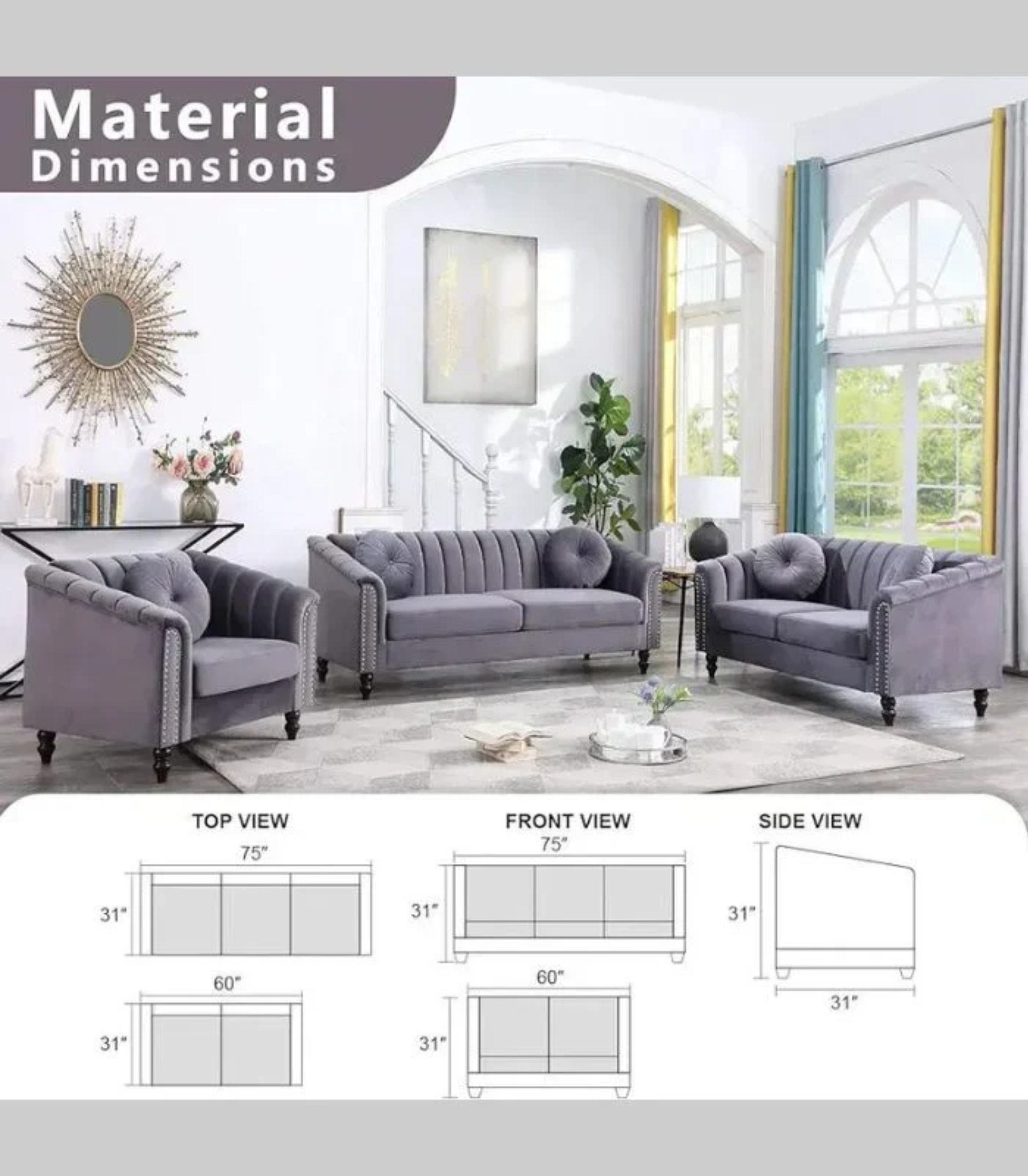 Gray Velvet Sofa Set - 8088 - Royal Living Furniture