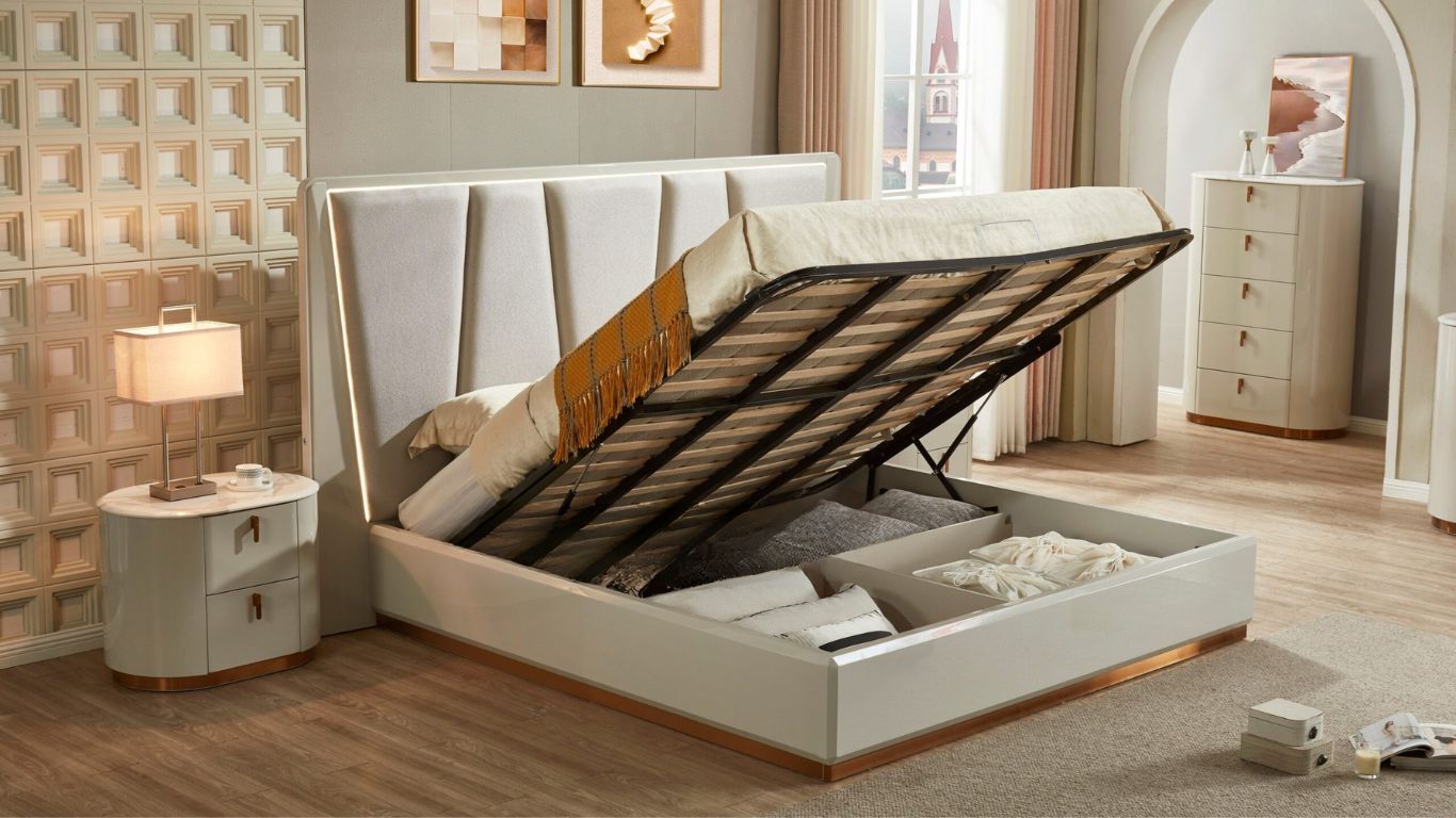 Modern bedroom with a bed featuring an open storage compartment.