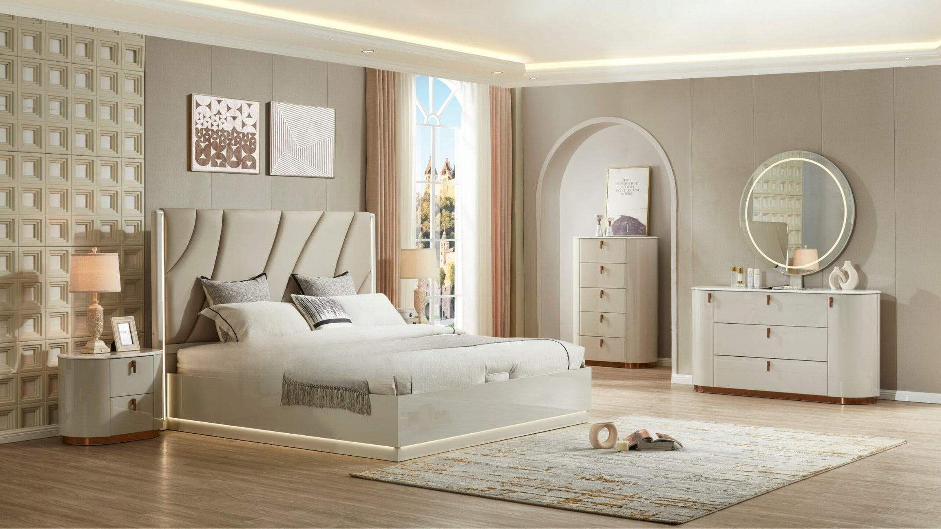 Neatly arranged bedroom with a bed, nightstands, and dresser.