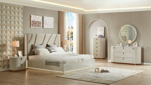 Neatly arranged bedroom with a bed, nightstands, and dresser.