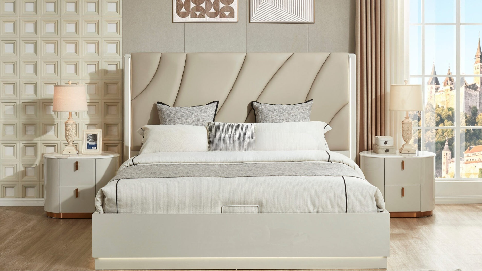 Neatly made bed with decorative pillows in a bedroom setting.