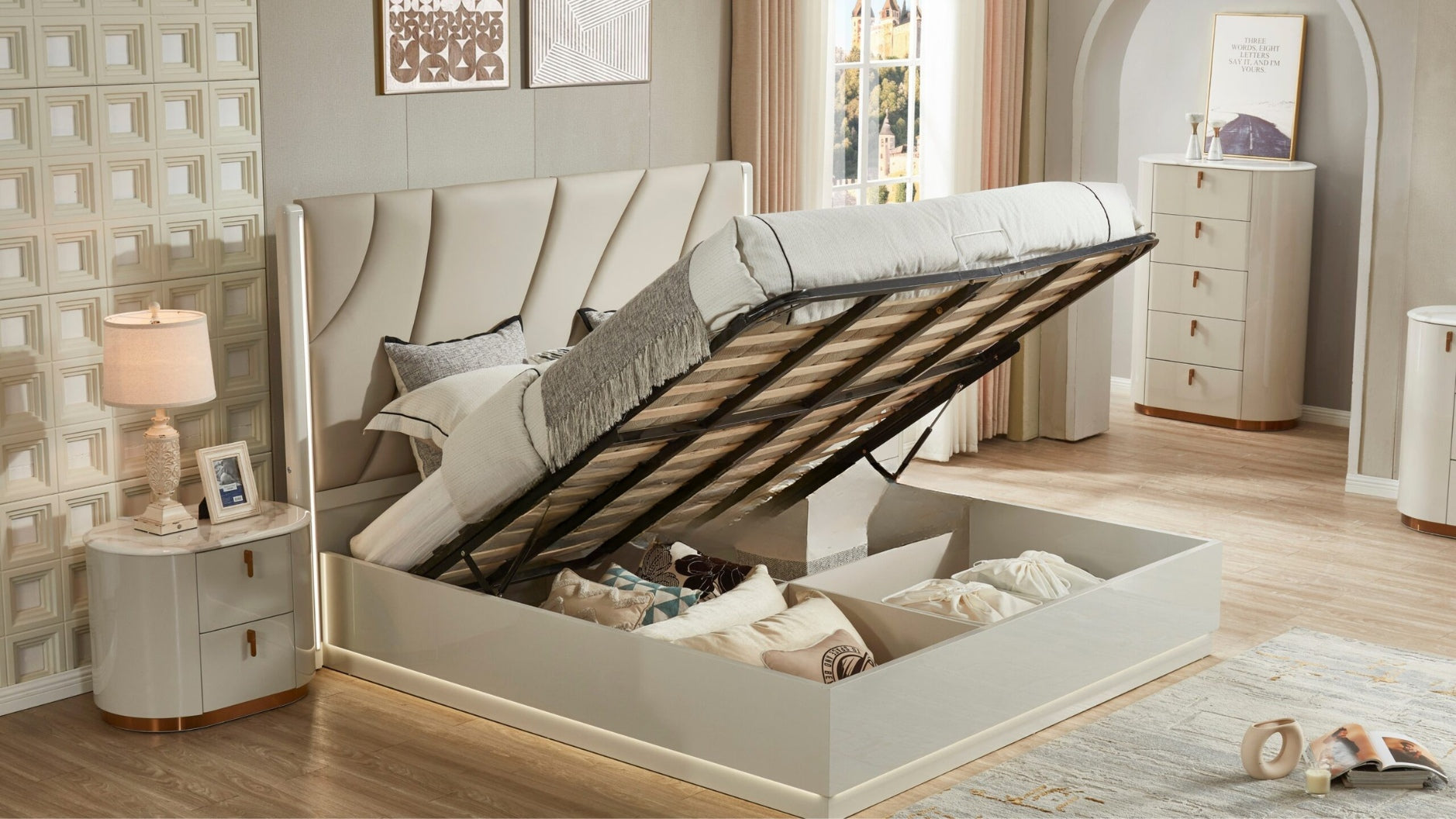 Modern bedroom with a bed featuring an open storage compartment.