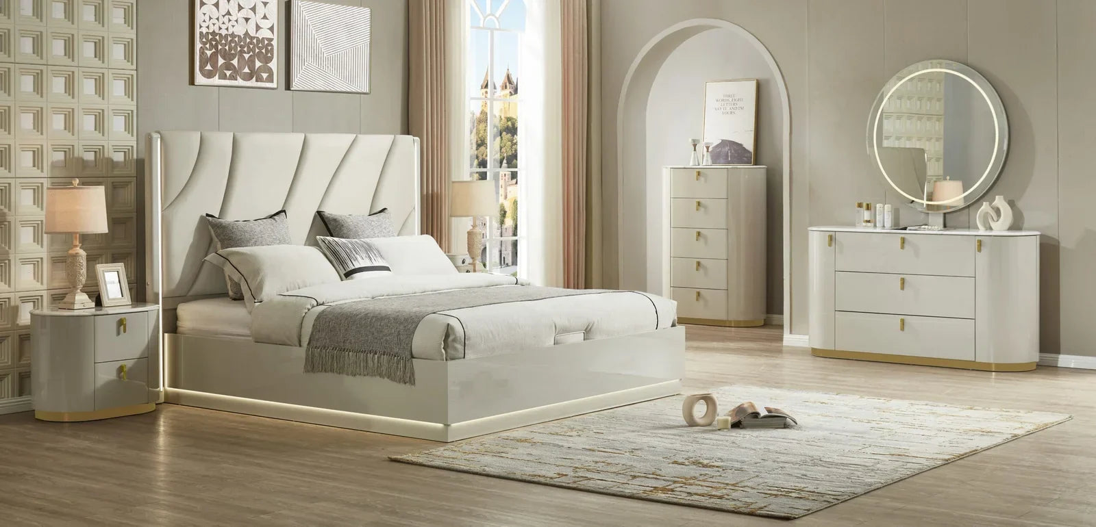 Neatly arranged bedroom with a bed, nightstands, and dresser.