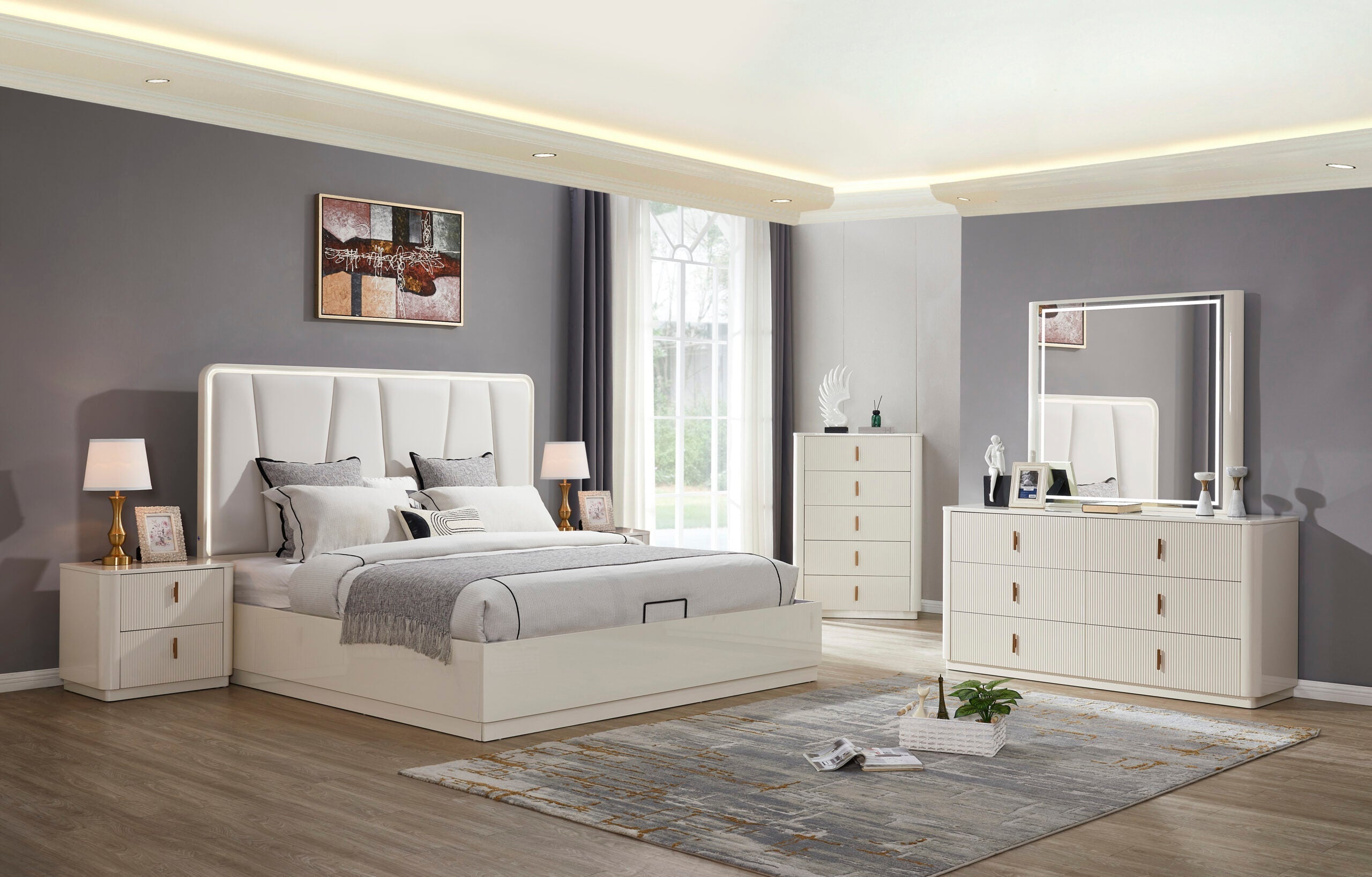 Modern bedroom with white furniture set against a gray wall.