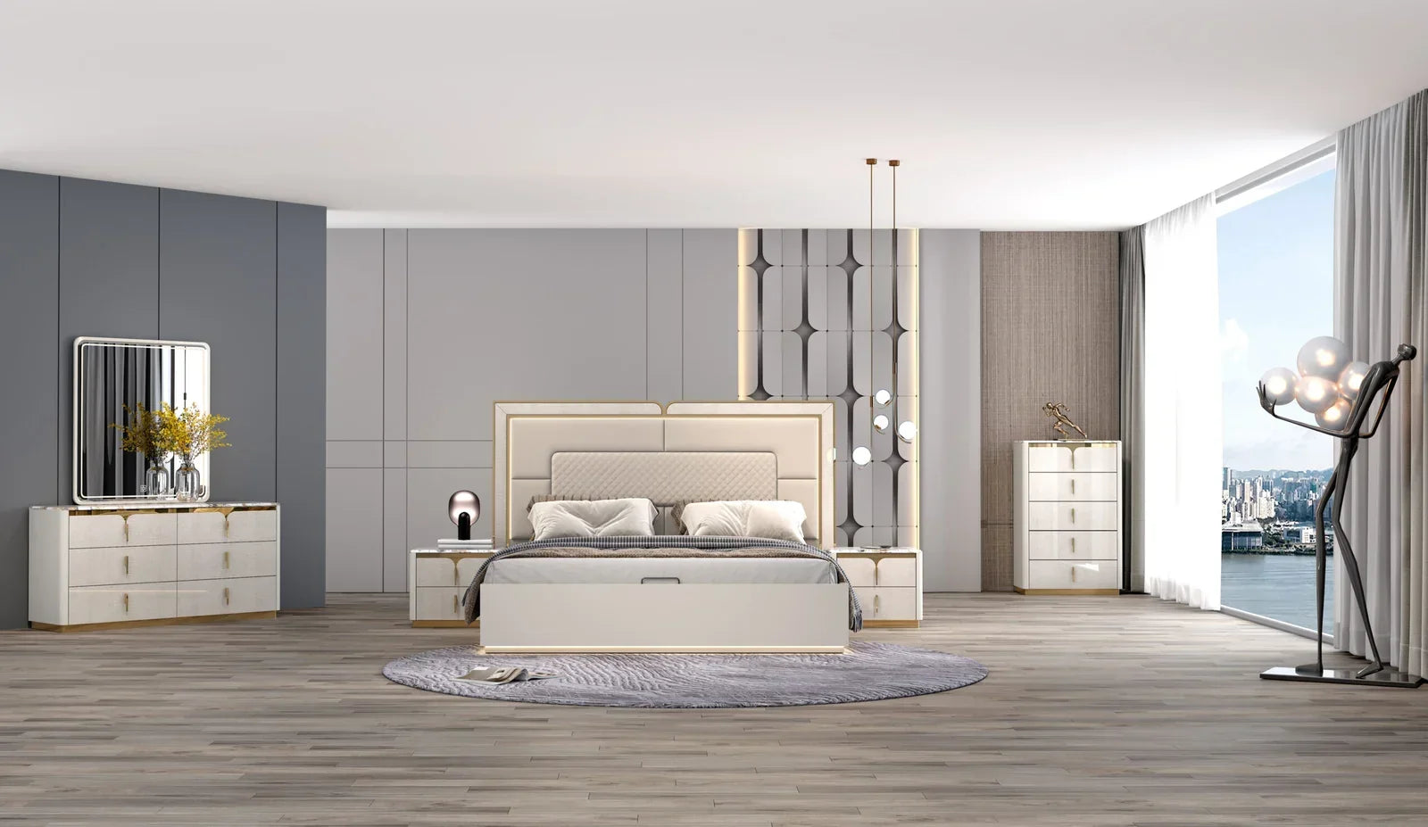 Modern bedroom with a bed, dresser, and mirror in a stylish room.