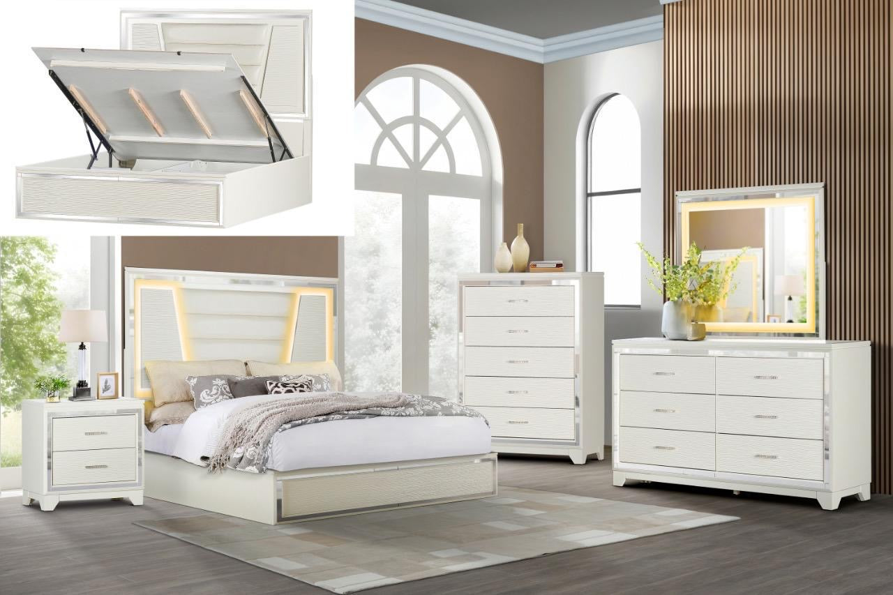 White bedroom furniture set with bed, dressers, and mirror in a room setting.