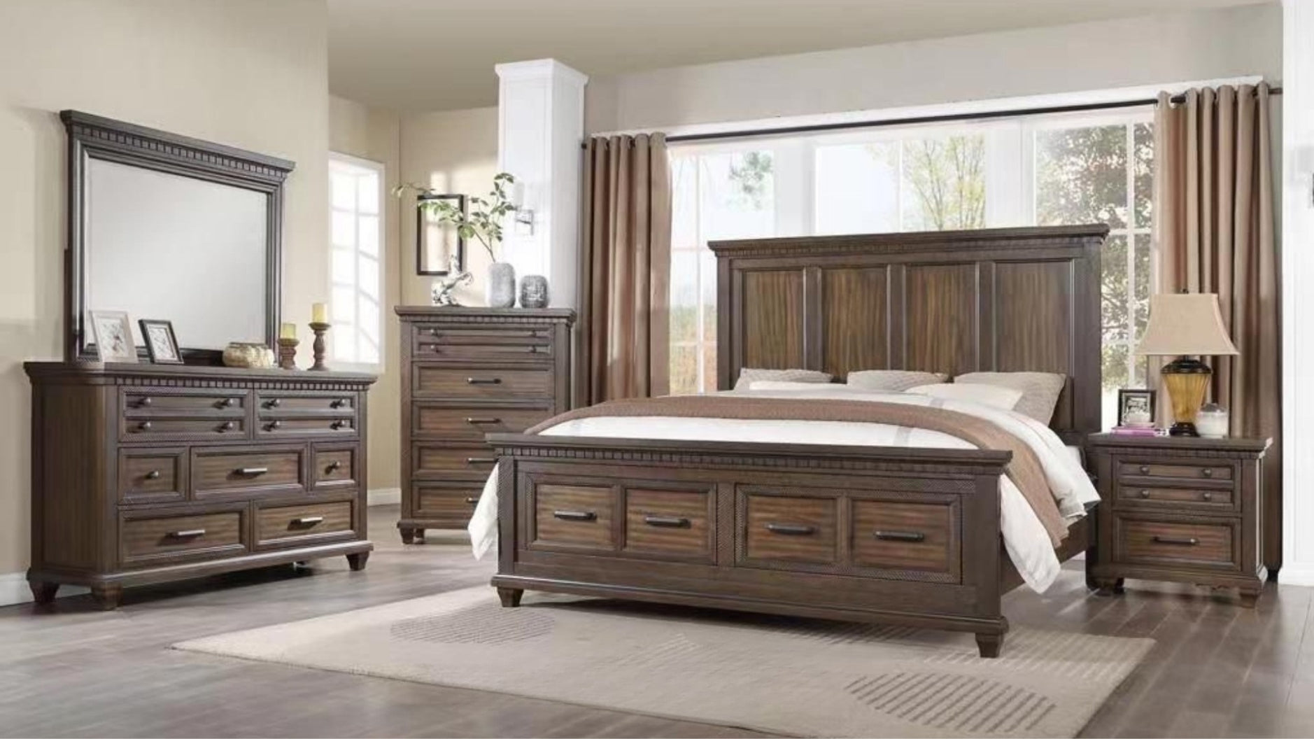 Wooden bedroom furniture set with bed, dresser, and mirror in a room setting.