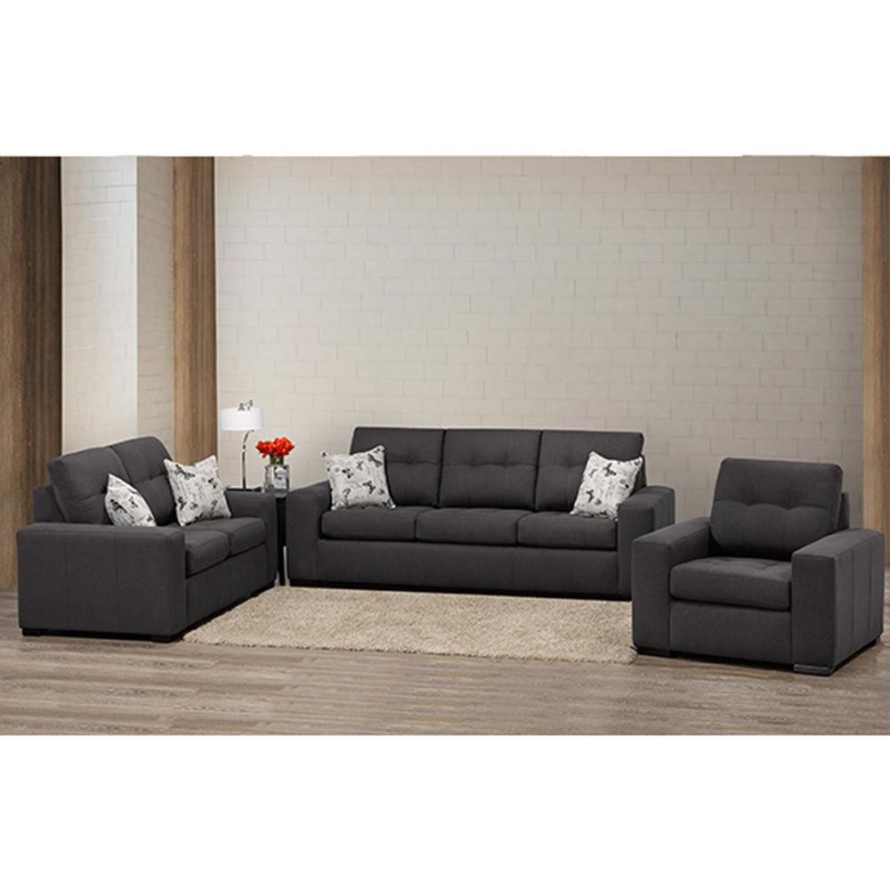 Gray sofa set with decorative pillows in a living room setting.