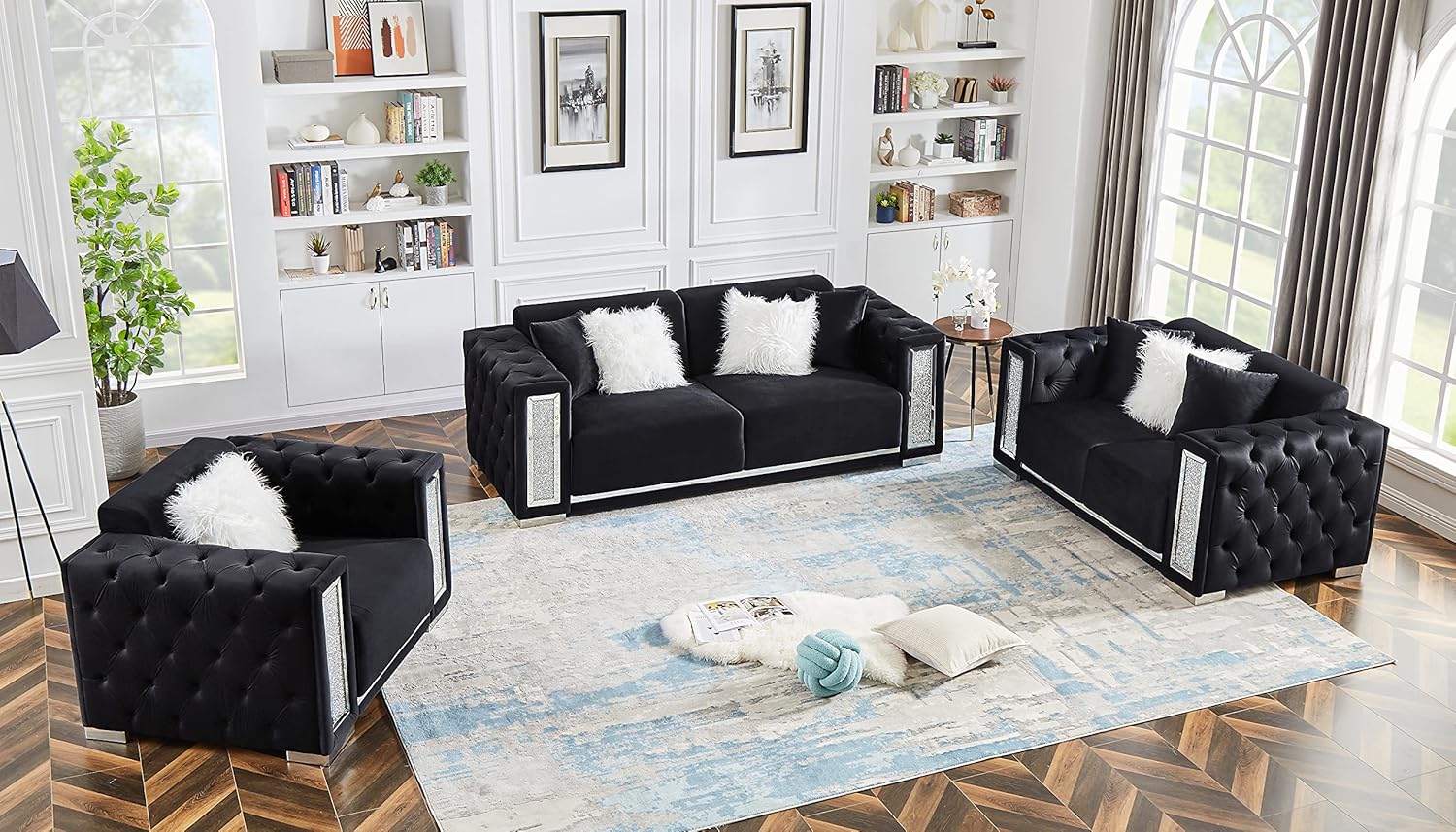 Black Velvet Tufted Sofa Set - GL 6147 - Royal Living Furniture