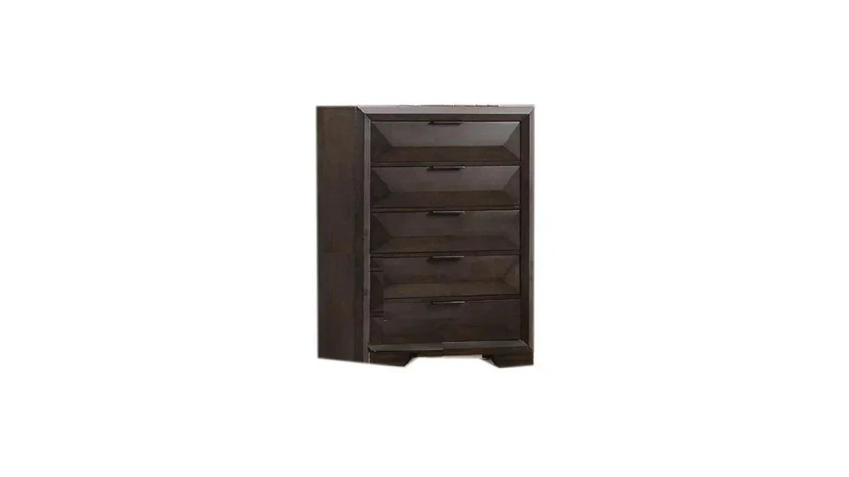 Dark brown wooden dresser with four drawers on a white background