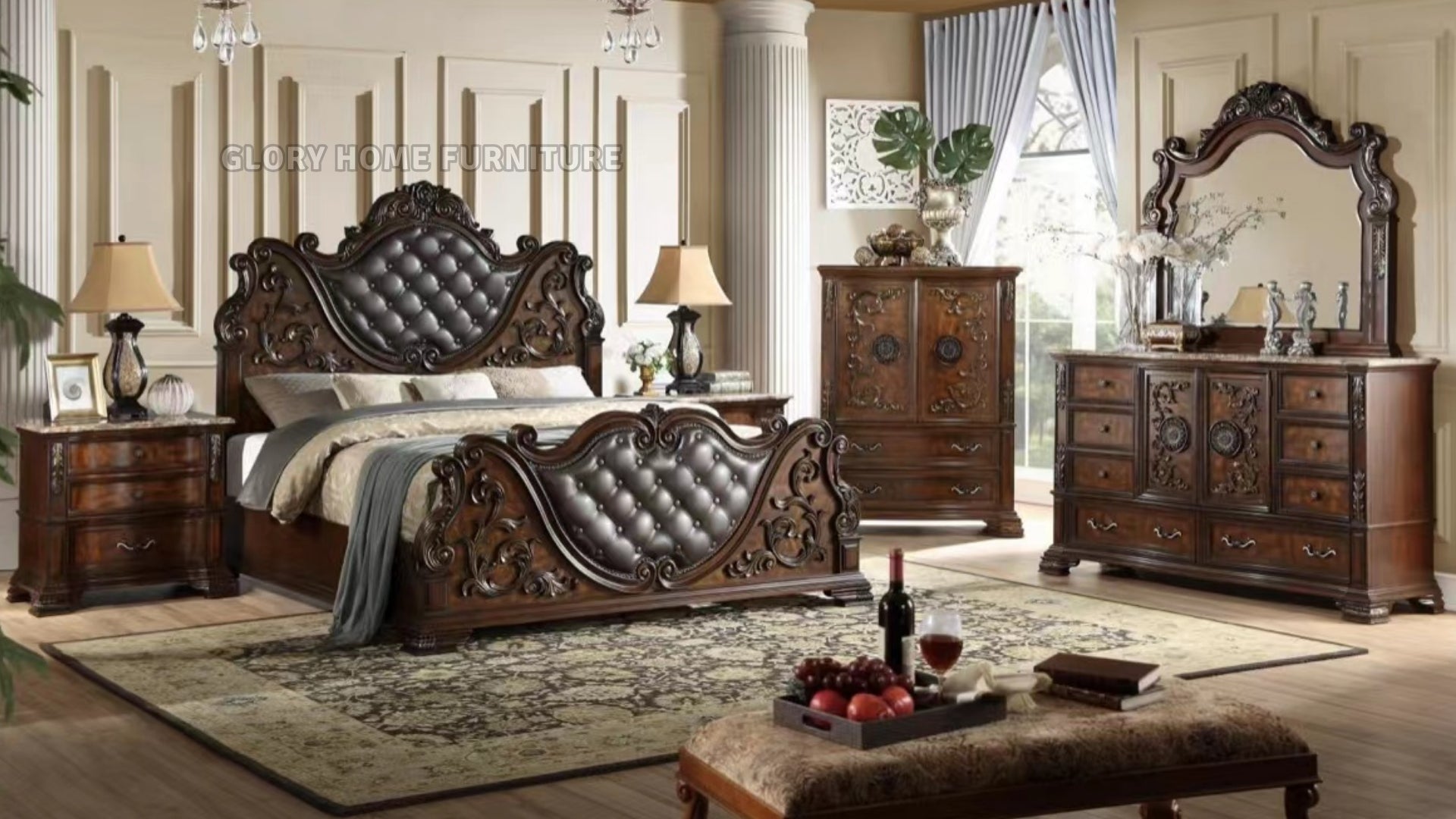 Luxurious bedroom set with dark wood furniture, including bed, dresser, and mirror.