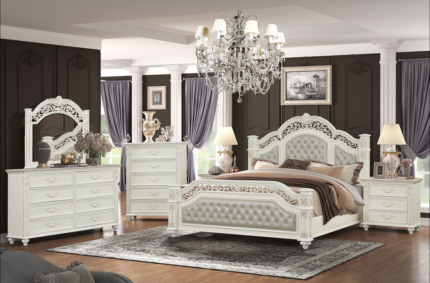 Luxurious bedroom with white furniture, including a bed, dresser, and nightstands, in a room with dark walls and a chandelier.