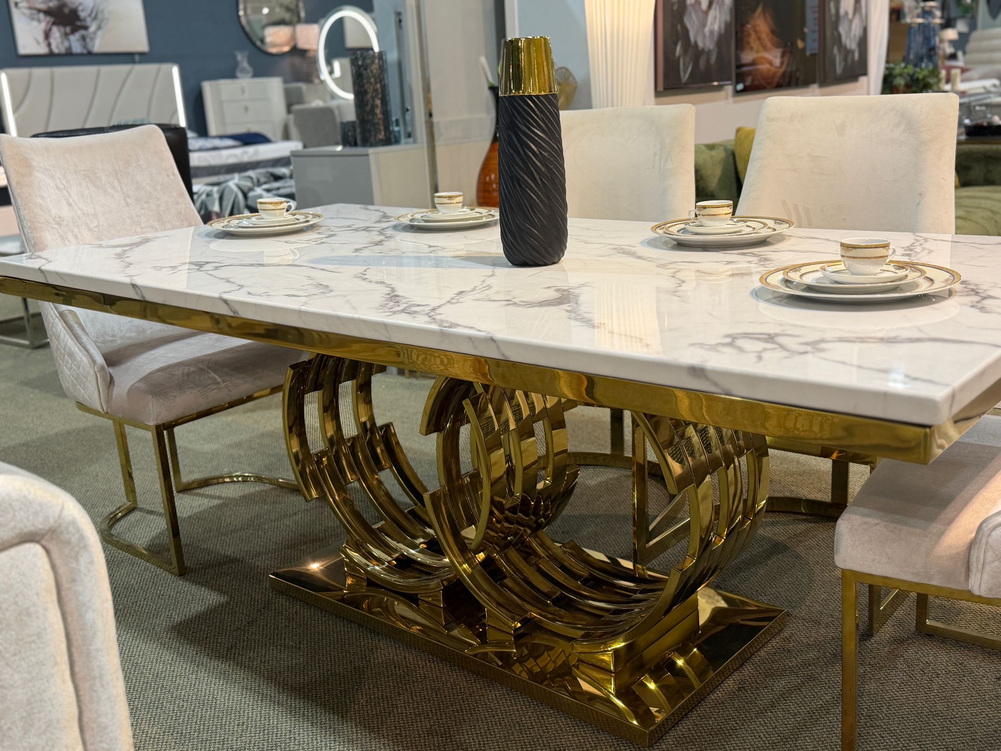 The Luxe Geometric Gold & Marble Dining Table - Royal Living Furniture