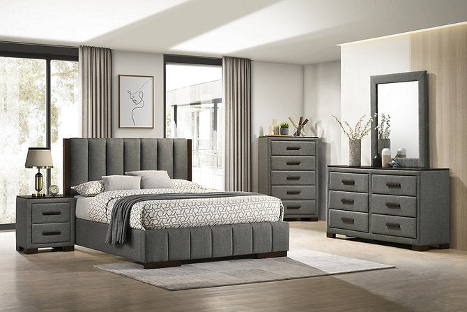 Gray bedroom set with bed, nightstands, and dresser in a modern room.