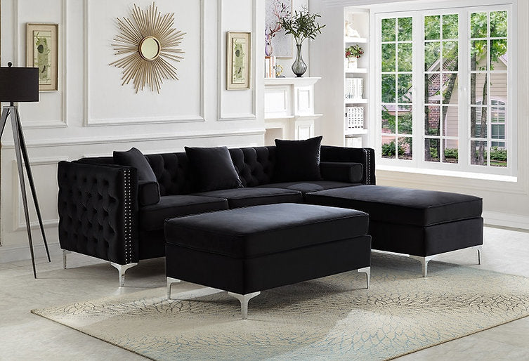 Sectional W/Reversible Chaise Black Velvet - IF 9282 - Royal Living Furniture